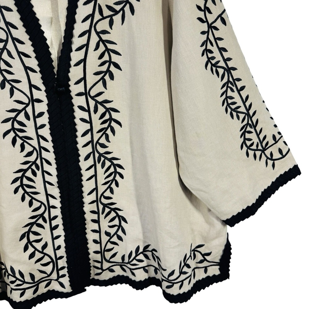 Linea Top Womens 3X Beige Black Linen Embroidered Boho Tunic Open Front Artsy - Picture 4 of 9